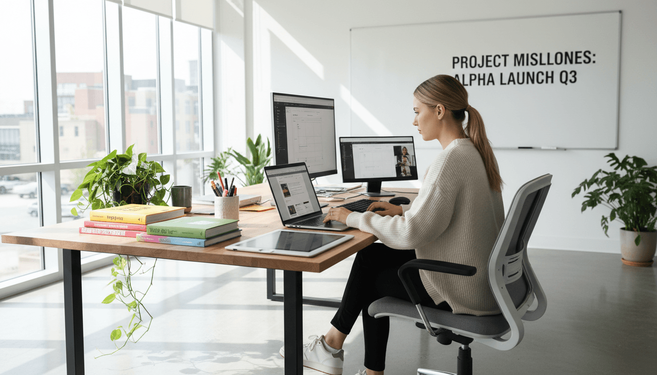 Web designer working on laptop at modern desk with design tools and bright natural lighting