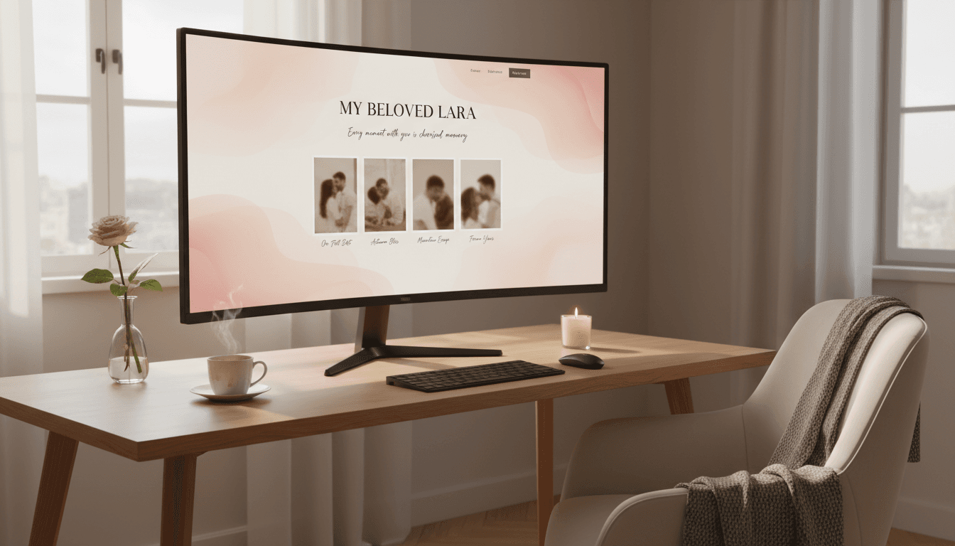 Desktop computer displaying a beautifully designed personalized tribute website with soft pastel colors and photo gallery