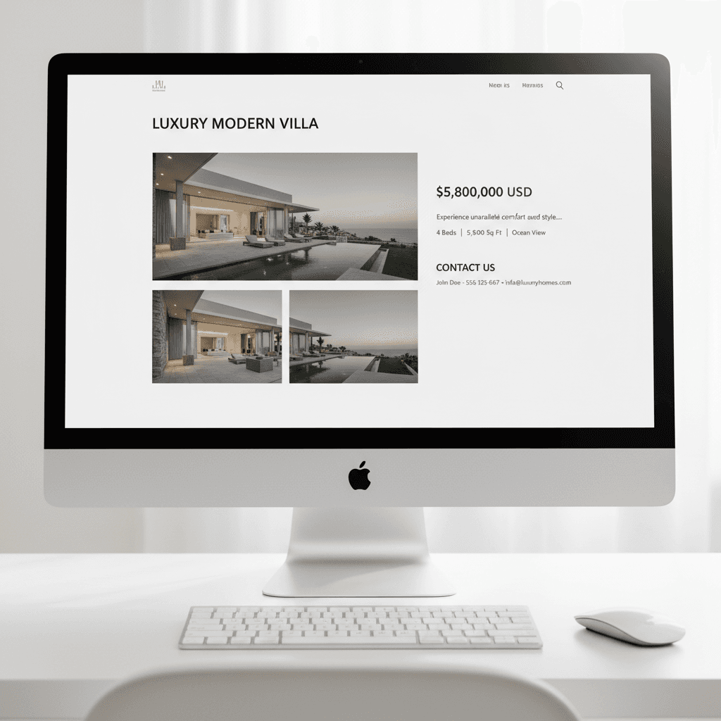 Desktop monitor displaying property listing website with photos, descriptions, pricing and contact form