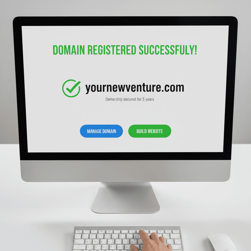 Domain registration interface displayed on computer monitor with confirmation of successful registration