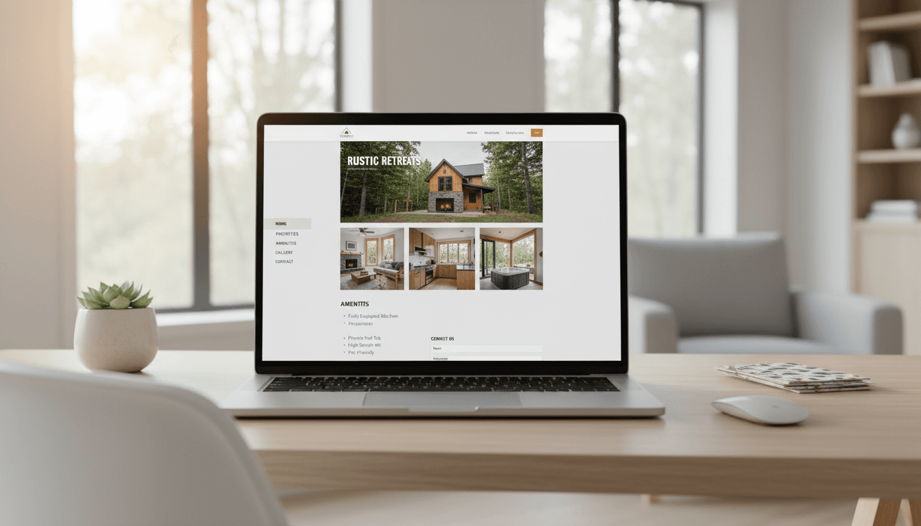 Laptop screen showing completed vacation rental property website with gallery, booking form, and minimalist design in bright home office
