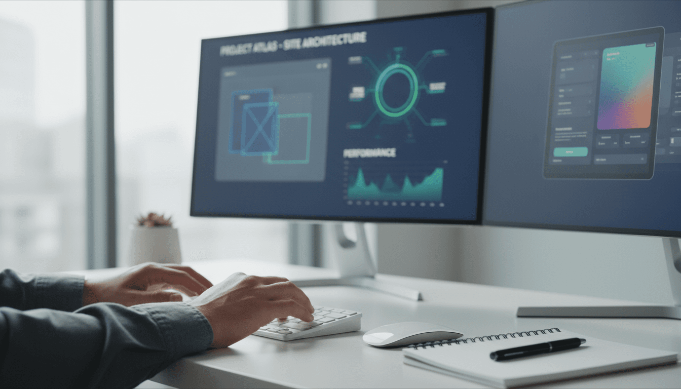 Professional web designer reviewing website analytics and conversion data on computer monitors