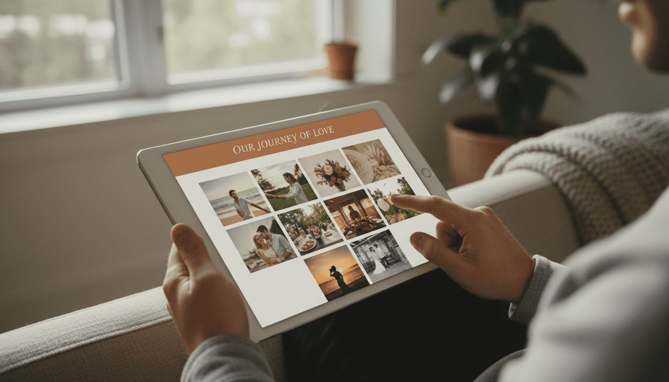 Couple viewing custom anniversary website on tablet with photo gallery, sitting together in sunlit living room