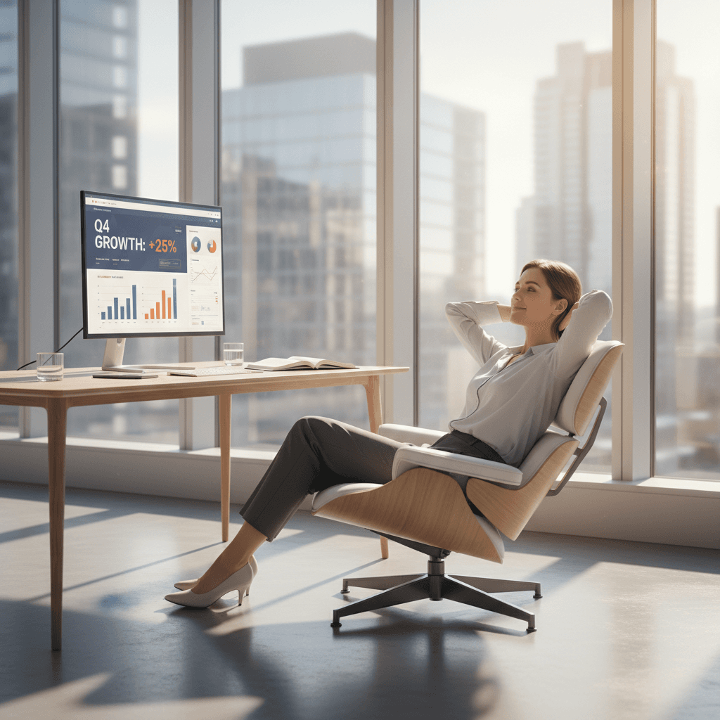 Web analyst reviewing A/B test results and performance metrics on computer dashboard in modern office