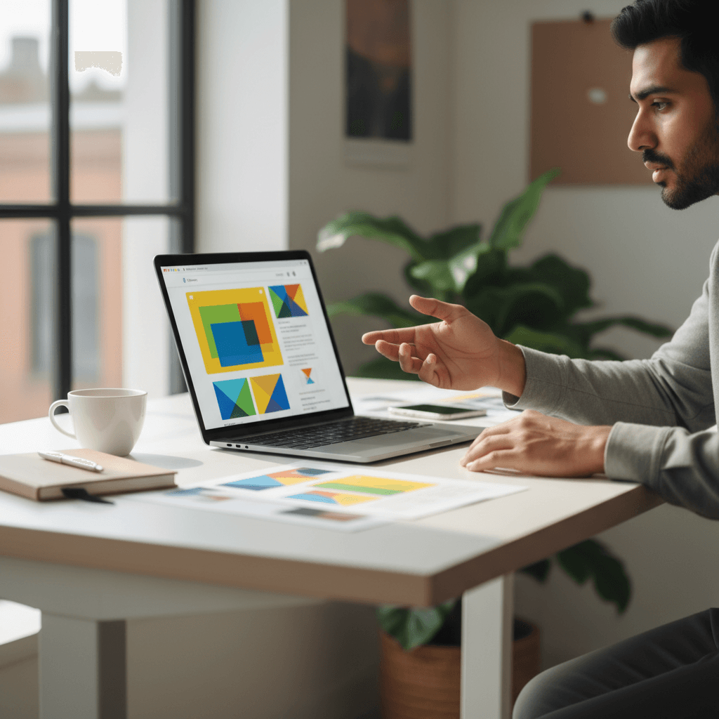 Web designer collaborating on website design at modern desk with multiple screens and notebooks